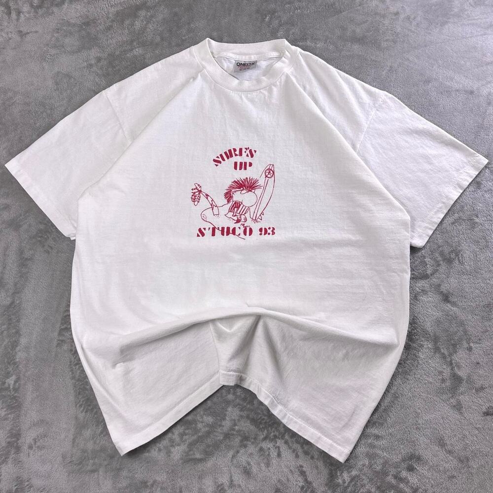 Vintage 1993 Surf’s Up Stucco T-Shirt Men’s XL White Surf Graphic Oneita USA